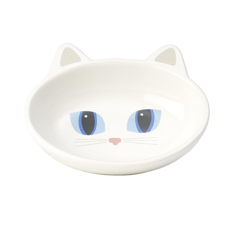 PetRageous 10012 Oval Frisky Kitty Stoneware Cat Bowl 5.5-Inch Wide and 1.5-Inch Tall Saucer with 5.3-Ounce Capacity and Dishwasher-Safe for Small Cats or Large Cats, White - Image 1
